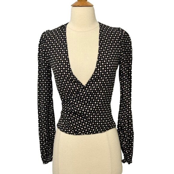 Reformation Wrap Blouse V-Neck Black Cream Polka Dots Viscose Feminine Size XS - Picture 1 of 10